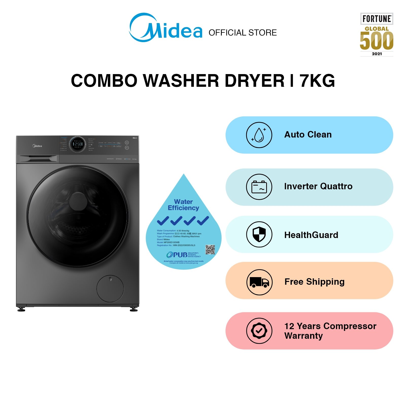 [Bulky] Midea MF200D100WB Combo Washer Dryer (10Kg Wash / 7Kg Dry), Water Efficiency 4 Ticks