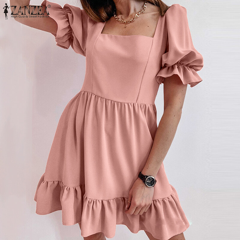 ZANZEA Women Square Neck Puff Sleeve Mini Shirt Dress Tiered Loose A-Line Sundress