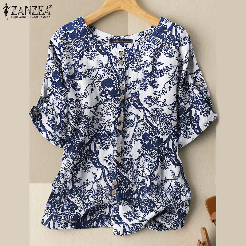 ZANZEA Women Short Sleeve O Neck Cotton Printed Plain Tops Shirts Button Down Blouse #2